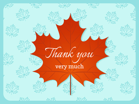 Thank you card. Vector. Banner with autumn maple leaf. Thank you very much typography note background. Floral foliage wedding design. Colorful illustration.のイラスト素材
