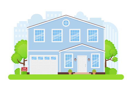 House sale sign. Vector. Home building with sale red white board. Advertising banner retail estate of residential property. Cottage facade, cityscape, garden yard in flat design. Cartoon illustrationのイラスト素材