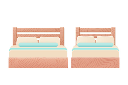 Bed. Vector. Double single wooden beds in flat design for bedroom, hotel room. Cartoon set isolated on white background. Furniture icon. Animated house equipment.のイラスト素材