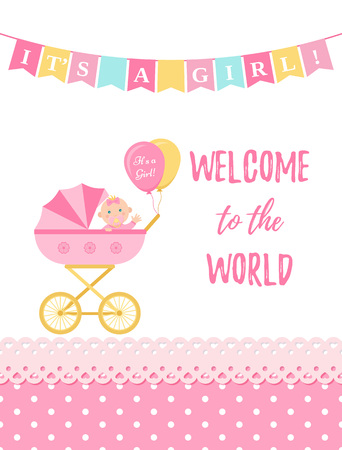 Baby Shower girl card. Vector. Baby girl design. Cute pink banner with newborn kid, pram, flag, polka dot. Birth party background. Happy greeting poster. Welcome template invite. Cartoon illustrationのイラスト素材