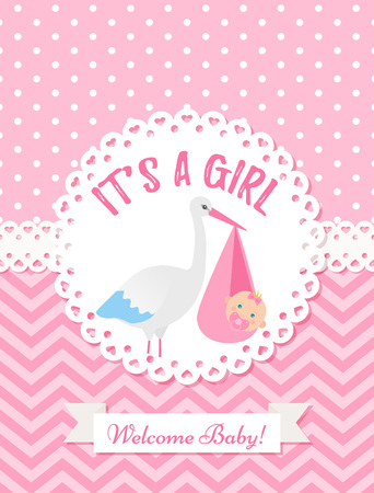 Baby Shower girl card. Vector Baby girl design. Cute pink banner. Birth party background. Happy greeting poster. Welcome template invite with newborn kid, stork, polka dot, lace. Cartoon illustrationのイラスト素材