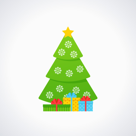 Christmas tree. Vector. Tree icon in flat design. Merry spruce fir. Xmas cartoon background. Green pine with star, snowflake, gift box. Winter illustration isolated on white. Computer graphic.のイラスト素材