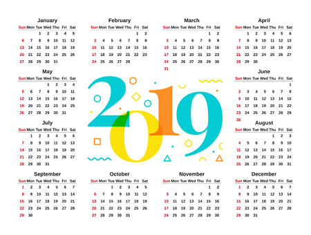 Calendar 2019. Vector. Stationery 2019 year template. Week starts Sunday in minimal simple style. Yearly calendar organizer, english. Colorful Memphis illustration.のイラスト素材