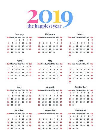Calendar 2019. Vector. Week starts Sunday. Stationery 2019 year pocket template in minimal simple style. Yearly vertical calendar organizer, english. Colorful illustration. Portrait orientation.のイラスト素材