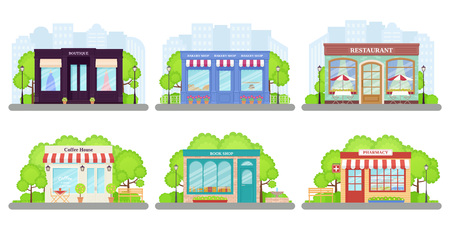 Shop, store front. Vector. Storefront boutique, cafe, restaurant, pharmacy, bakery store, book shop. Set facade building isolated, flat design. Small business. Cartoon illustration Street architectureのイラスト素材