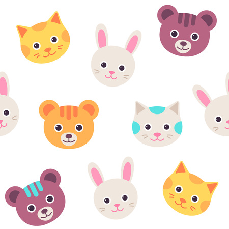 Cat, hare, bear faces seamless pattern. Vector. Cute background with animal heads. Happy kitten, bunny, bear character set. Sweet silhouette isolated on white, flat design. Cartoon illustration.のイラスト素材