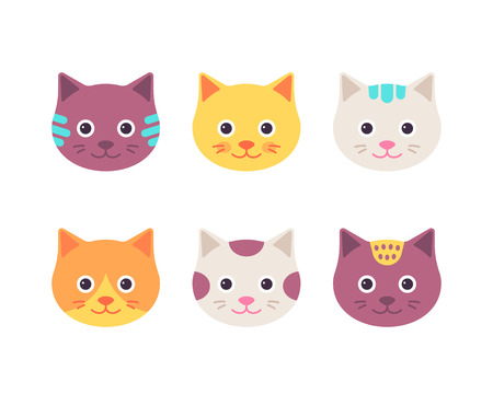 Cat face. Vector. Cute kitten head. Cartoon happy animal character set. Sweet kitty silhouette in flat design isolated. Collection icons on white background. Funny illustration.のイラスト素材