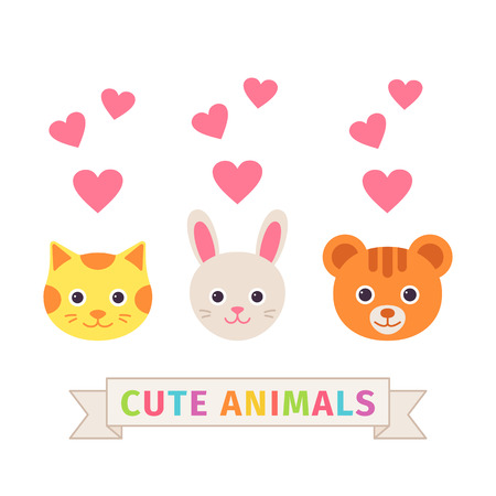 Cat hare, bear faces. Vector. Cute animal head. Cartoon happy kitten, bunny, bear character set. Sweet background. Silhouettes in flat design. Collection icons isolated on white. Funny illustration.のイラスト素材
