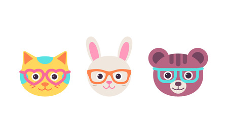Cat hare, bear faces with glasses. Vector. Cute animal head. Cartoon kitten, bunny, bear character set. Sweet silhouette, flat design isolated. Collection icons on white background. Funny illustrationのイラスト素材