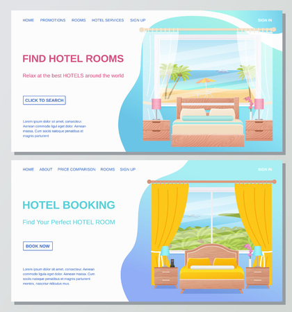 Hotel room. Vector. Bedroom Interior. Sale, Hotel booking, find room banner, flyer, website, site. Web page design template. Poster with furniture, sea landscape window, bed, text Cartoon illustrationのイラスト素材