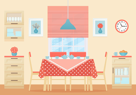 Dining room interior. Vector. Kitchen room with table, chairs, window and roman curtain in flat design. Cooking animated banner. Cartoon illustration.のイラスト素材
