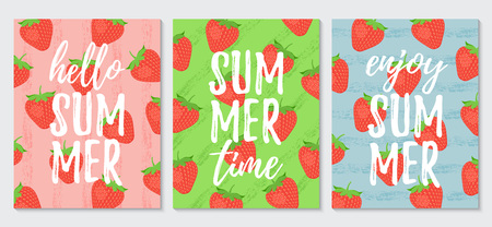 Hello Summer card with strawberry. Vector. Cute template of illustration for banner, poster, invitation, flyer, greeting card, label. Inscription background with print text.のイラスト素材