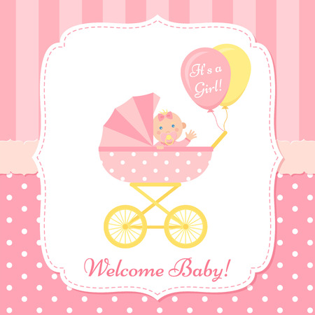 Baby girl invite card. Vector. Baby Shower banner. Pink design invitation. Cute birth party background. Welcome template. Happy greeting poster with newborn kid and pram. Cartoon flat illustration.のイラスト素材