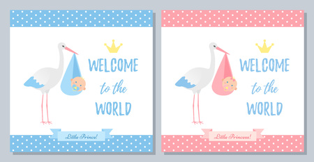 Baby Shower invitation card. Vector. Baby boy girl banner. Welcome template invite. Blue, pink design. Birth party background. Set happy greeting posters with newborn kid, stork. Cartoon illustration.のイラスト素材