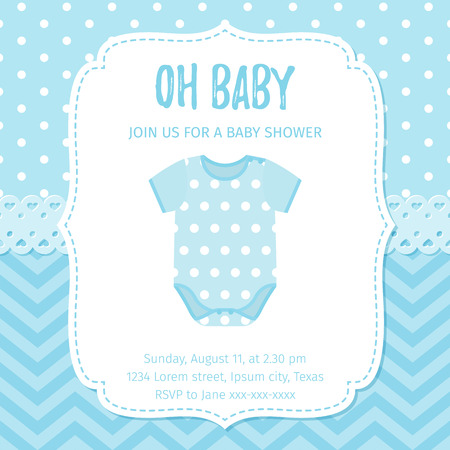 Baby Shower invitation. Vector. Baby boy card. Welcome template invite banner. Cute blue design. Birth party background. Happy greeting holiday poster. Cartoon flat illustration.のイラスト素材