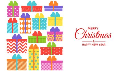 Christmas card with gift boxes. Vector. Happy greeting background. New year design. Holiday decoration poster. Creative template. Cartoon flat illustration. Wrapped present with bows, ribbons.のイラスト素材