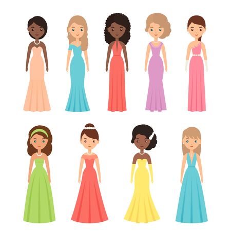 Woman character in evening dress. Vector. Girls standing in long dresses. Set young adult females isolated on white background. Party clothing in flat design. Boutique textile. Cartoon illustration.のイラスト素材