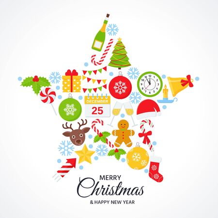 Christmas background, card. Vector. Greeting design. Holiday decoration poster. Creative postcard with Christmas icons in star shape. Party template in flat style. Cartoon square illustrationのイラスト素材