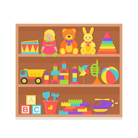 Baby toy on shelf. Vector. Set kids toys on wooden rack. Baby stuff isolated. Collection children icons in flat design. Colorful cartoon illustration on white background. Color banner.のイラスト素材