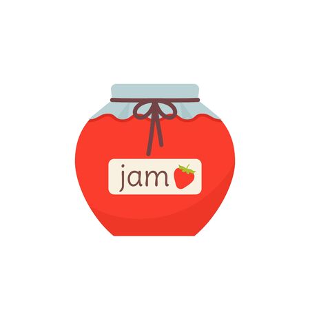 Jam in jar icon. Vector. Strawberry marmalade in glass pot with label. Isolated on white background. Flat design. Berry jelly. Cartoon colorful illustration. Symbol of autumn.のイラスト素材