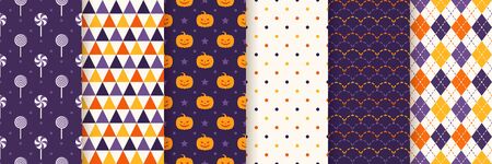 Halloween seamless pattern. Haloween texture. Vector. Geometric background with pumpkin face, candy, triangle, polka dots and rhombus. Holiday wrapping paper. Orange yellow purple illustrationのイラスト素材