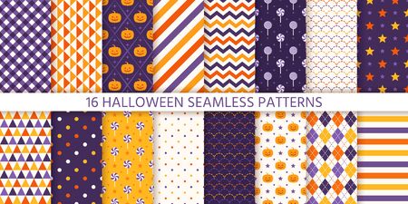 Halloween pattern. Seamless texture. Vector. Haloween background with pumpkin face,  candy, polka dot, star, stripe, checker. Geometric wrapping paper, textile print. Orange yellow purple Illustrationのイラスト素材