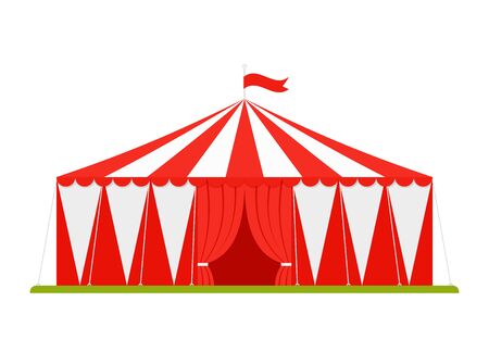 Circus tent. Vector. Carnival marquee with opened entrance and flag in flat design. Festival red white traditional cirque. Canopy striped arena icon, isolated. Cartoon illustration.のイラスト素材