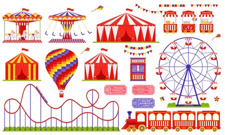 Amusement park, circus, carnival fair theme. Vector. Set with Ferris wheel, tent, carousel, roller coaster, air balloon, train. Icons isolated on white background. Daytime attraction. Illustrationのイラスト素材