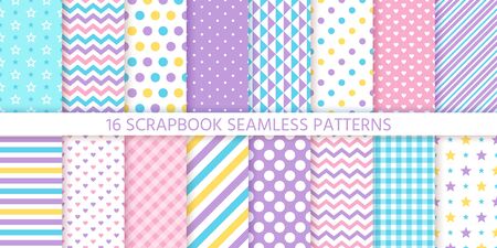 Scrapbook seamless pattern. Vector. Cute chic backgrounds. Set textures with polka dots, stripes, zigzag, hearts, check and stars. Retro print. Pastel illustration. Geometric trendy color backdrop.のイラスト素材