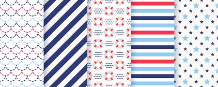 Nautical seamless pattern. Vector. Marine backgrounds with Lifebuoy, stripes, star and fish scale. Set blue sea summer prints. Geometric texture for baby shower, scrapbook. Color illustrationのイラスト素材