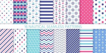 Marine seamless pattern. Vector. Nautical sea backgrounds with anchor, sailboat, wheel, stripe, zigzag and waves. Set blue summer print. Geometric texture for baby shower scrapbook. Color illustrationのイラスト素材
