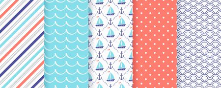Nautical seamless pattern. Vector. Marine, sea backgrounds with sailboat, anchor, stripe, wave and polka dot. Set summer texture. Geometric blue print for baby shower, scrapbooking. Color illustrationのイラスト素材