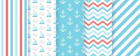 Nautical seamless pattern. Vector. Marine sea background with sailboat, anchor, zigzag, and stripe....