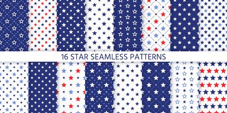 Star seamless pattern. Vector. Set of textures with pentagonal stars. Abstract geometric backgrounds. Cute navy blue and red prints. Festive patriotic simple wallpaper. Color illustration.のイラスト素材