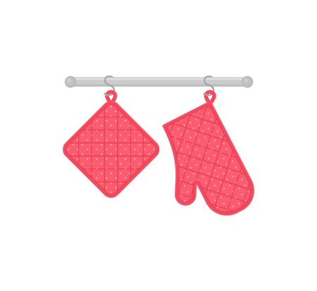 Oven mitt and potholder hanging on rack. Vector. Kitchen accessory isolated on white background. Cooking mitten, oven-glove in flat design. Kitchenware icon. Color cartoon illustration.のイラスト素材