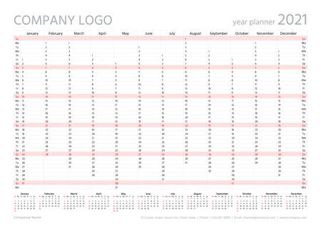 2021 year planner calendar. Vector. Wall calender template. Annual organizer. Week starts Sunday. Schedule page in English. Business illustration in minimal design. Agenda diary with 12 monthsのイラスト素材