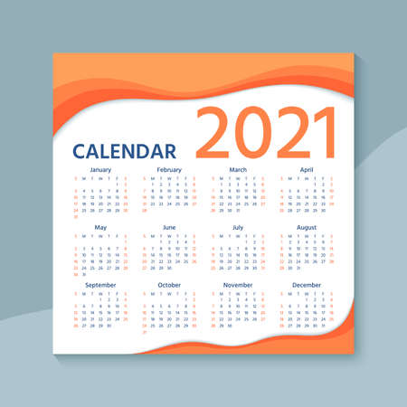 Calendar 2021 year. Vector. Week starts Sunday. Calender layout. Stationery template. Yearly organizer with 12 months in english. Color illustrationのイラスト素材