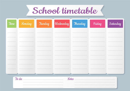School timetable. Schedule for kids. Weekly time table with lessons. Colorful student plan template. Vector illustration. Educational classes diary. Simple design on English, A4 paper size.のイラスト素材