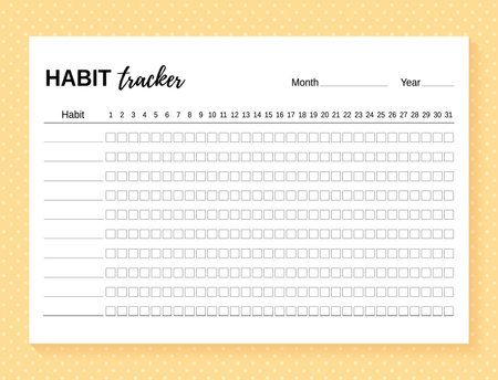 Habit tracker. Template habit diary for month. Vector illustration. Journal planner with bullets. Layout for daily goal list. Simple design. Horizontal, landscape orientation. Paper size A4.のイラスト素材