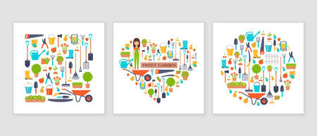 Garden tools. Vector. Gardening instruments. Horticulture set. Icons isolated on white background. Cartoon flat illustration stylized in square, heart and circle shapes.のイラスト素材