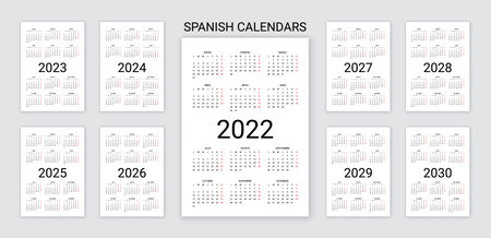 Spanish Calendar 2022, 2023, 2024, 2025, 2026, 2027, 2028, 2029 years.  Vector. Week starts Monday. Desk organizer. Template pocket or wall Spain  calender. Portrait vertical orientation. Illustration.:: tasmeemME.com