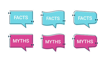 Fact myth in speech bubbles. Vector illustration. Truth or false marks in quote frames on white background. Phrases in brackets templates. Infographic stickers.のイラスト素材