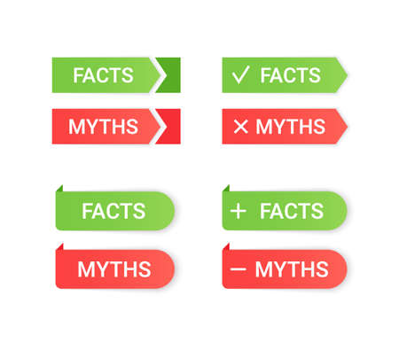 Fact and Myth stickers. Truth or false green red badges. Infographic labels. Vector illustration. Emblems isolated on white background.のイラスト素材