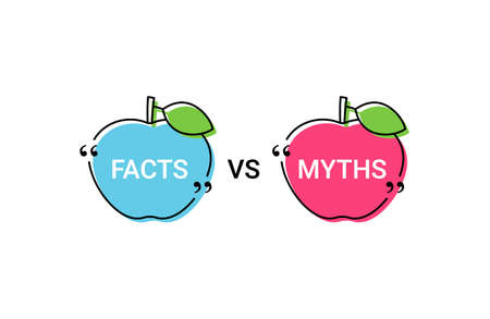 Fact VS Myth in speech bubbles in apple shapes. Vector illustration. Truth or false marks in quote frames on white background. Infographic stickers. Messages in textboxes.のイラスト素材