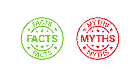 Fact Myth grunge rubber stamps, badges. Vector illustration. Truth or false textured emblems. Red green seal imprints isolated on white background. Infographic labels. Retro round stickers.のイラスト素材