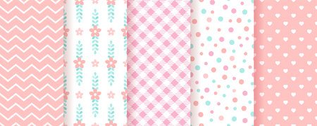 Baby girl backgrounds. Pastel seamless pattern. Cute pink geometric textures. Childish prints with zigzag, flowers, hearts, circles and plaid. Set of kids backdrops. Vector illustrationのイラスト素材