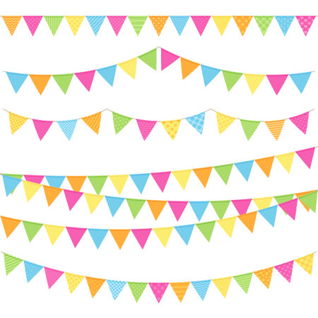 Bunting flags. Festive garland with triangular pennants. flat design. Decoration elements for birthday party. outdoor festival decor. Outside hanging adornment with textures. vector color illustrationのイラスト素材