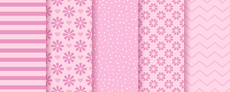 baby girl pattern. Scrapbook seamless background. Set pink packing paper. Cute textures with stripes, circles, flowers and zigzags. Trendy pastel print. Retro scrap design. color vector illustration.のイラスト素材