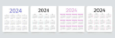 2024 calendar. Calender layout. Week starts Sunday. Desk planner template. Monthly organizer grid with 12 months. Yearly stationery diary in minimal style. Pocket or wall calendar. Vector illustrationのイラスト素材