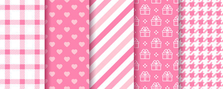 Valentine's day background. Seamless pattern. Prints with hearts, stripes, gift box, hound tooth,...
